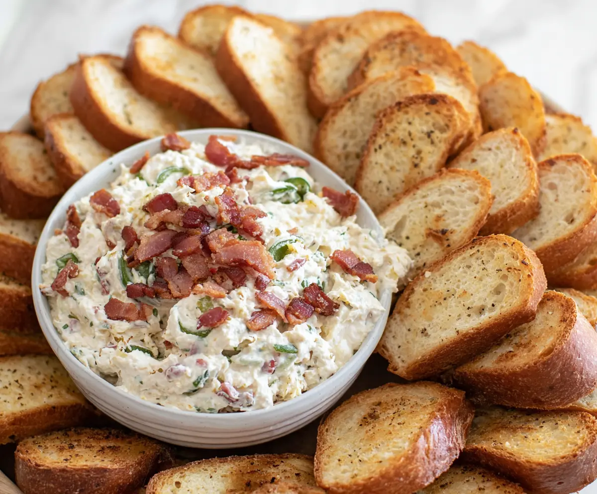 Delicious Bacon Jalapeño Cream Cheese Dip served with chips, garnished with chopped bacon and fresh jalapeños.