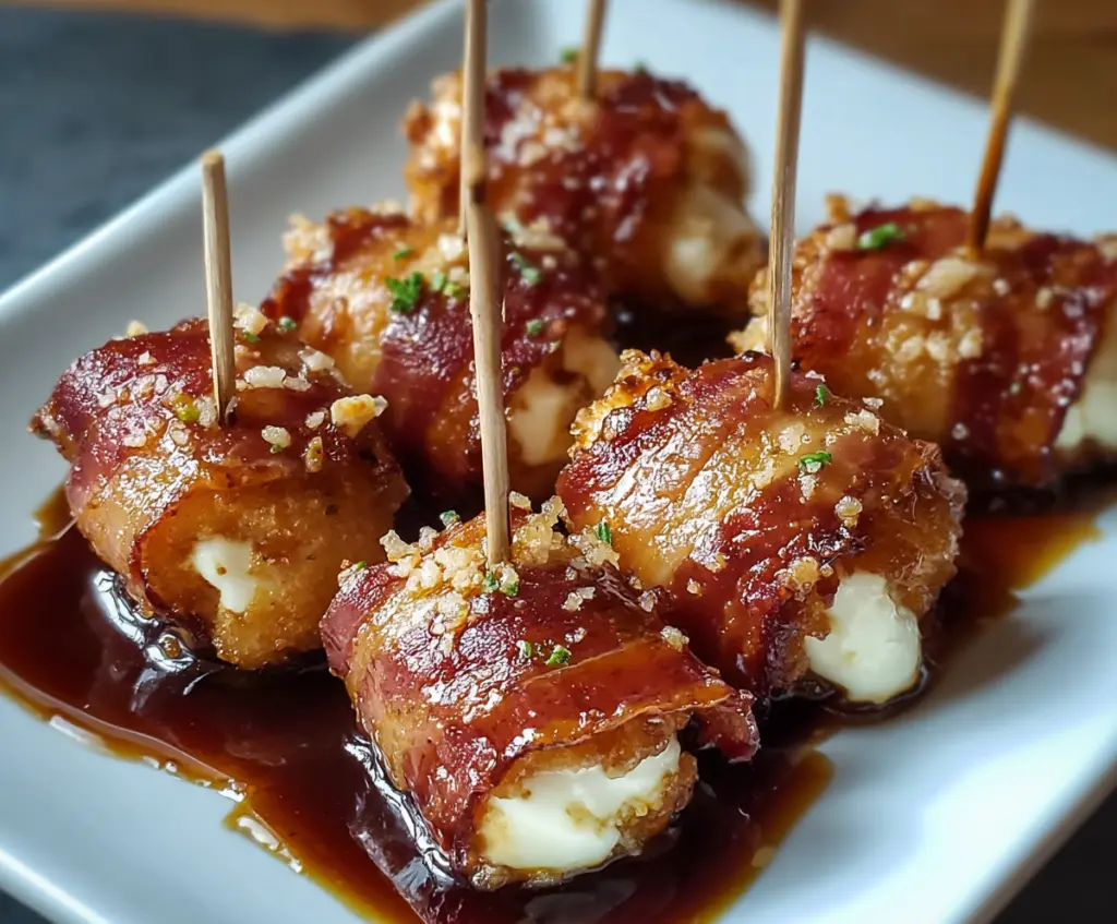 Delicious bacon mozzarella poppers glazed with sweet maple syrup on a white plate.