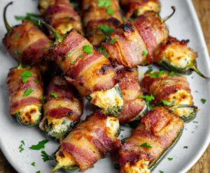 Delicious bacon wrapped jalapeño poppers topped with melted cheese and fresh herbs.