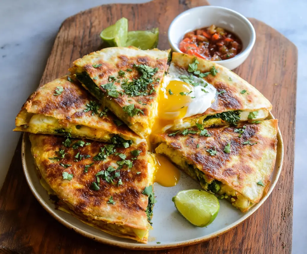 Delicious baked breakfast quesadillas filled with cheese, eggs, and vegetables on a breakfast plate.