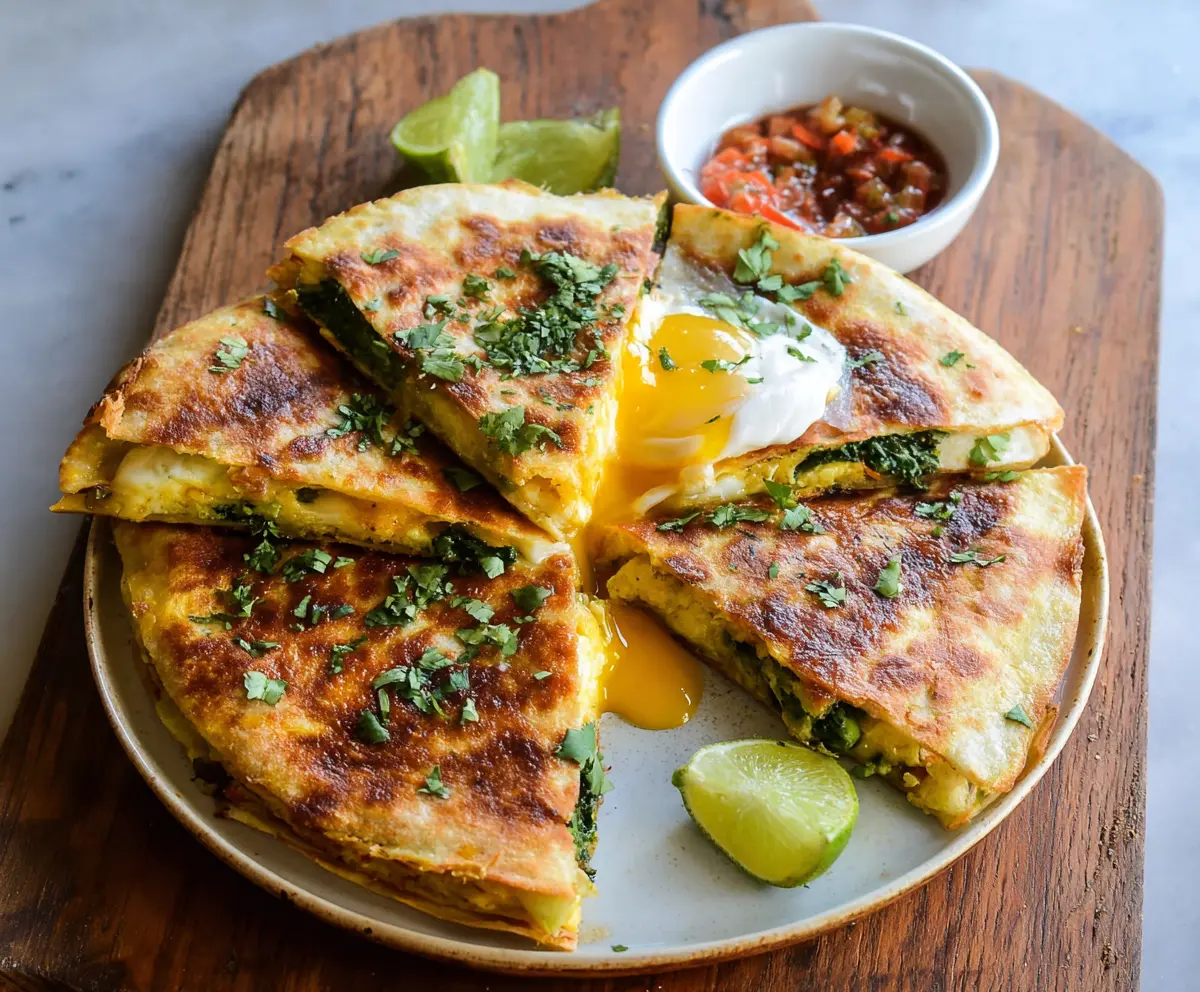 Delicious baked breakfast quesadillas filled with cheese, eggs, and vegetables on a breakfast plate.