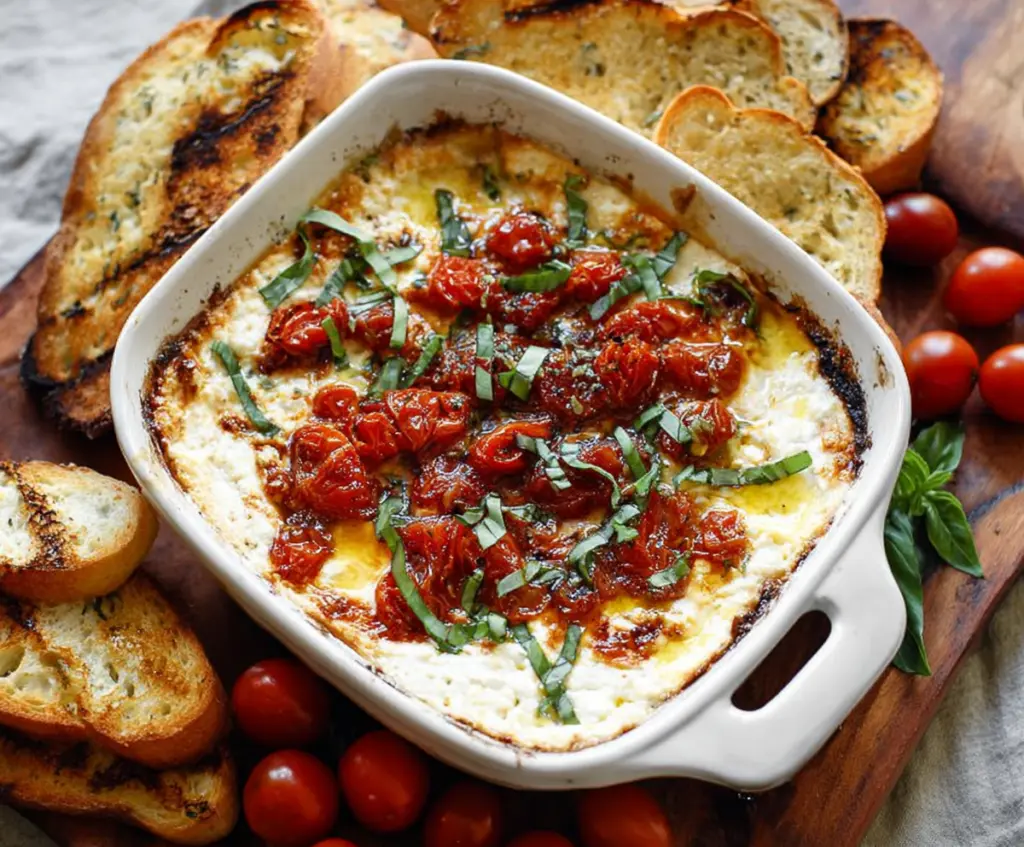 Delicious baked goat cheese bruschetta dip served with fresh bread and colorful vegetables.