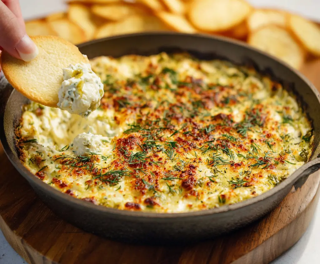 Creamy baked pickle dip served with fresh vegetables and chips