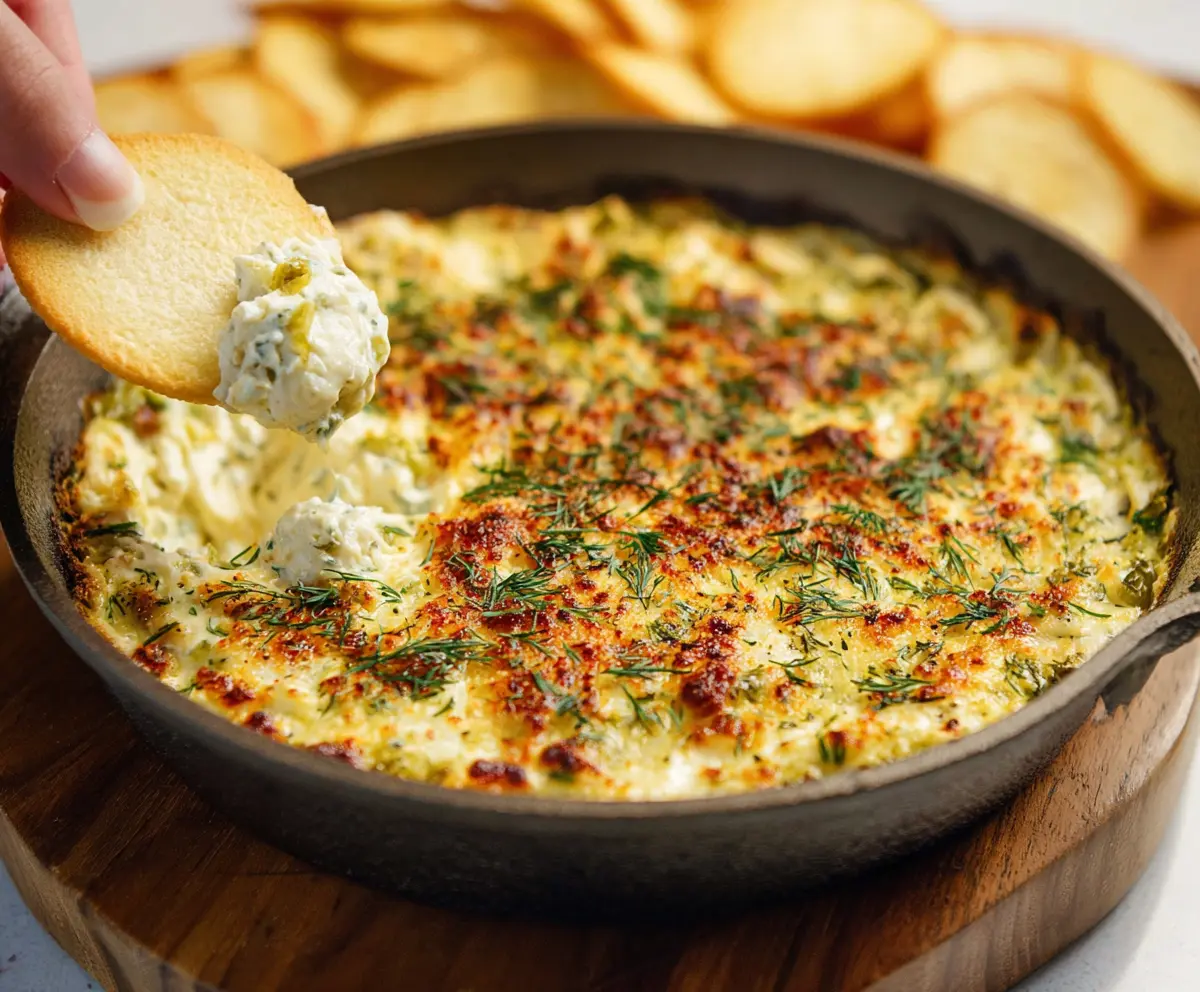 Creamy baked pickle dip served with fresh vegetables and chips