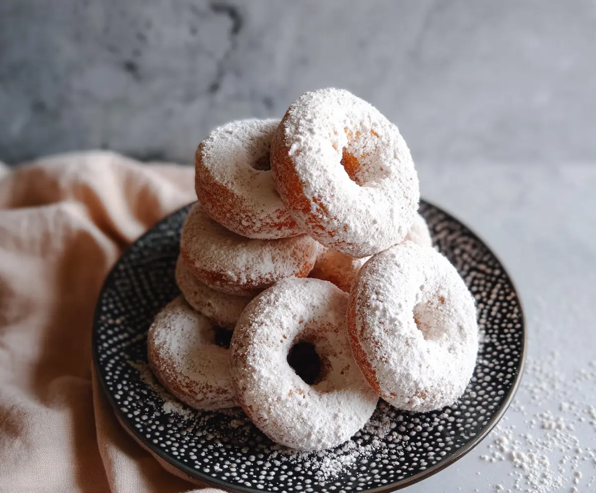 Delicious baked sourdough discard powdered sugar donuts on a plate, perfect for a sweet treat