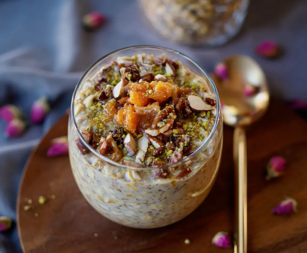 Delicious Baklava Overnight Oats topped with honey and chopped nuts, served in a glass jar.