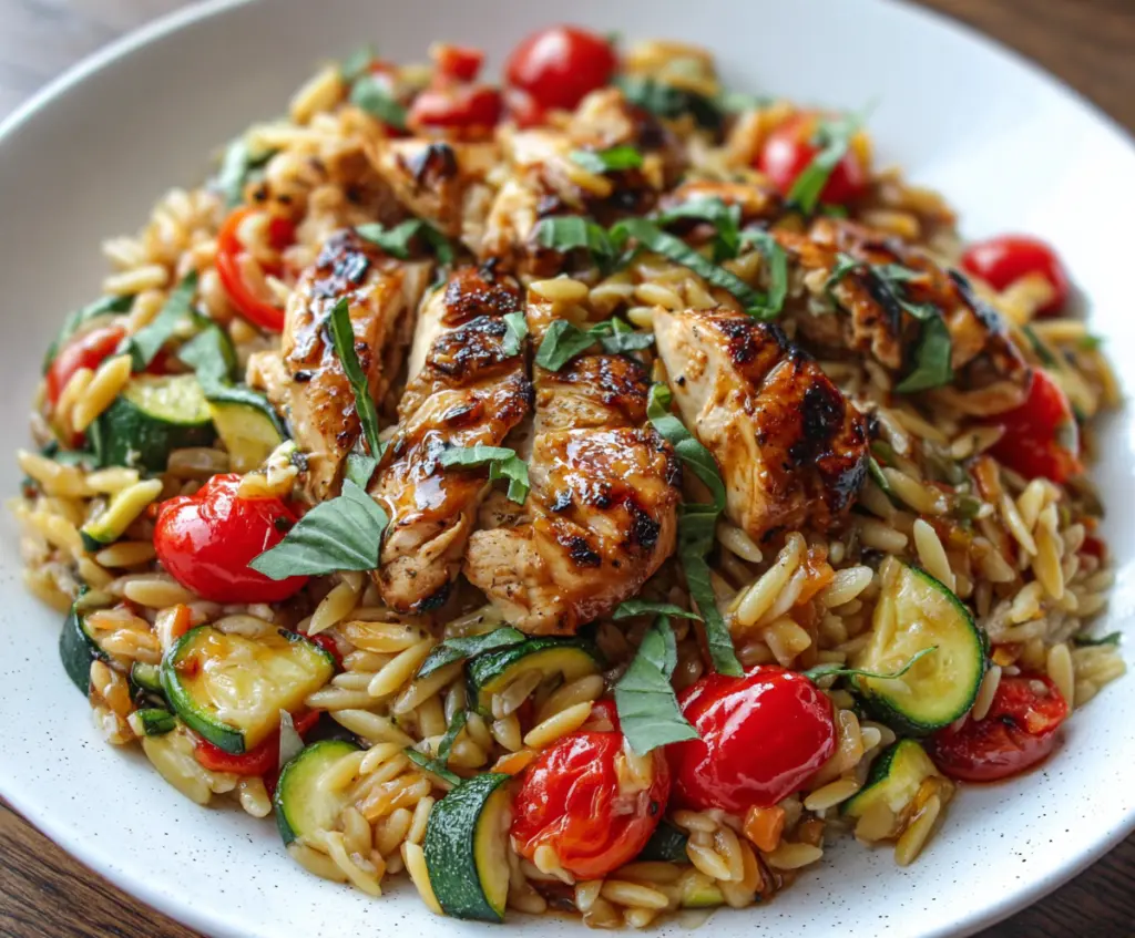 Delicious Balsamic Chicken and Veggie Orzo served on a plate with colorful vegetables.