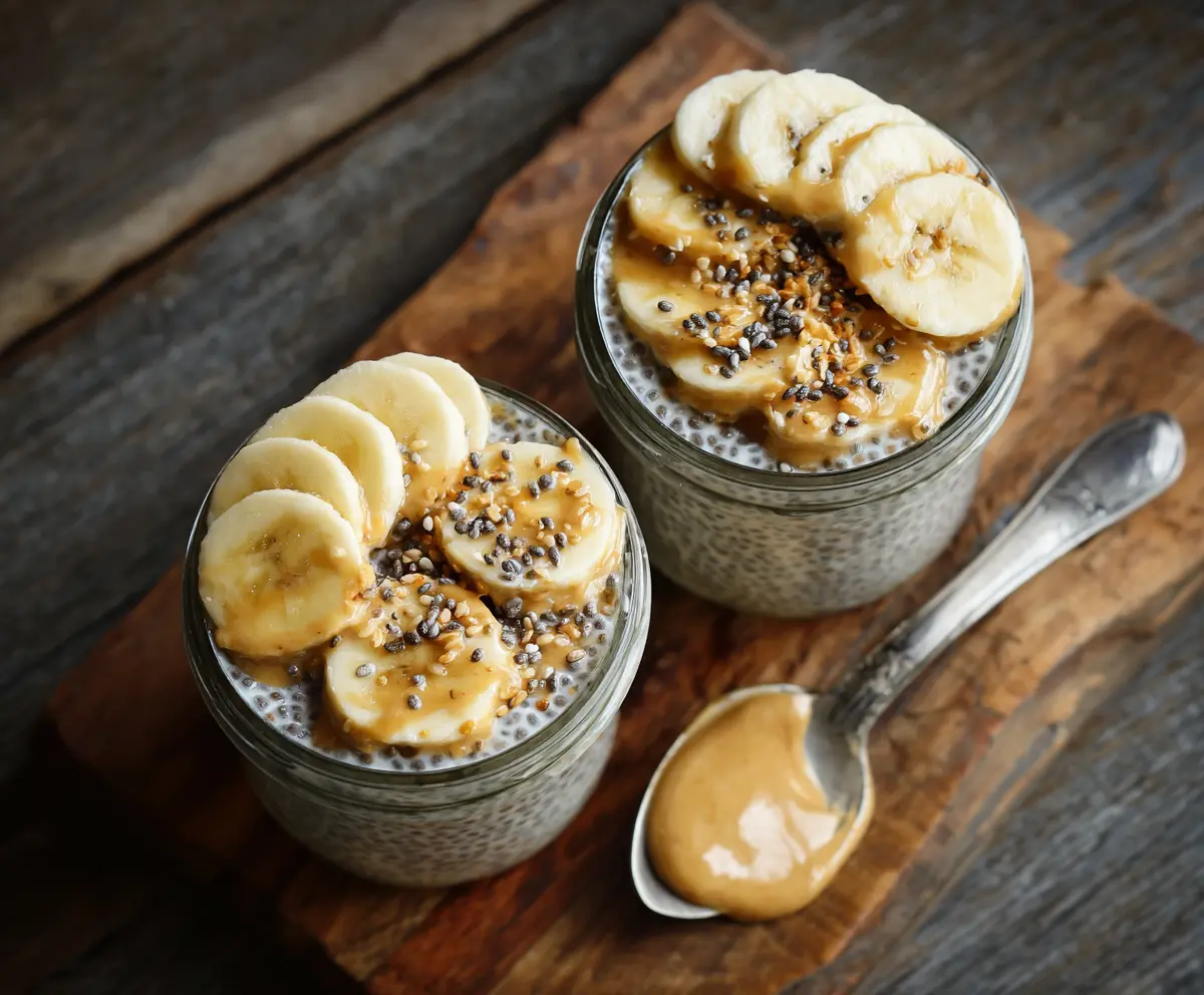 Delicious banana chia pudding served in a glass, topped with fresh banana slices and chia seeds.