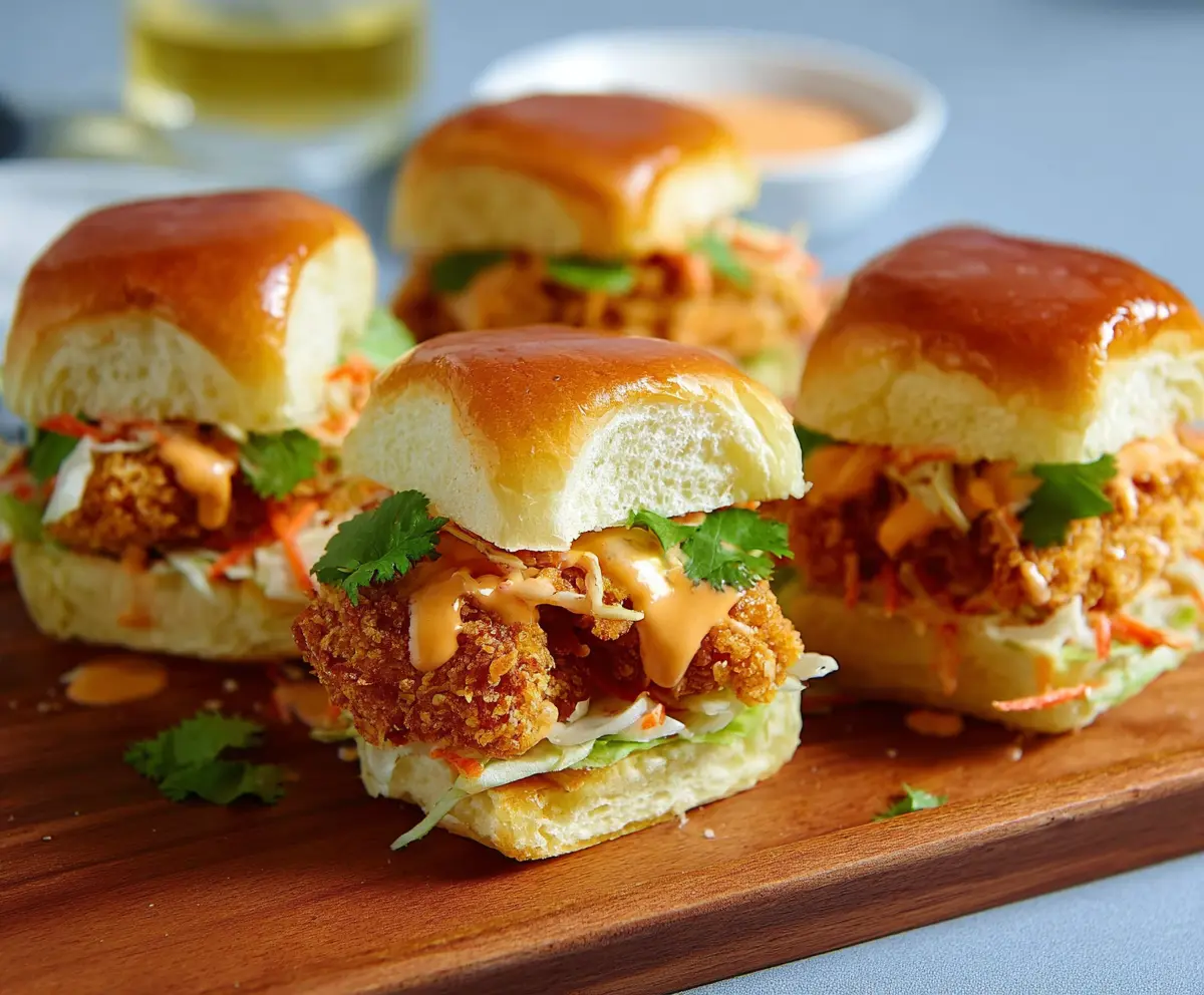Delicious Bang Bang Chicken Sliders with spicy mayo and fresh toppings on a platter.