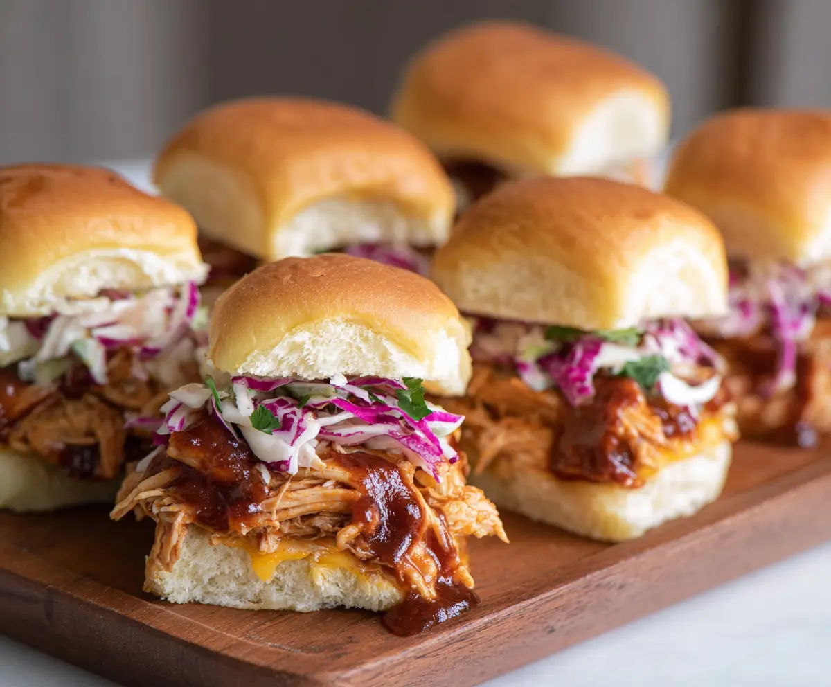 Delicious BBQ Chicken Sliders with melted cheese and fresh toppings on a plate.