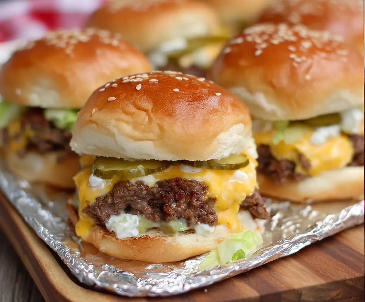 Heaping plate of mouthwatering Beefy and Big Mac Sliders with melted cheese and fresh toppings.