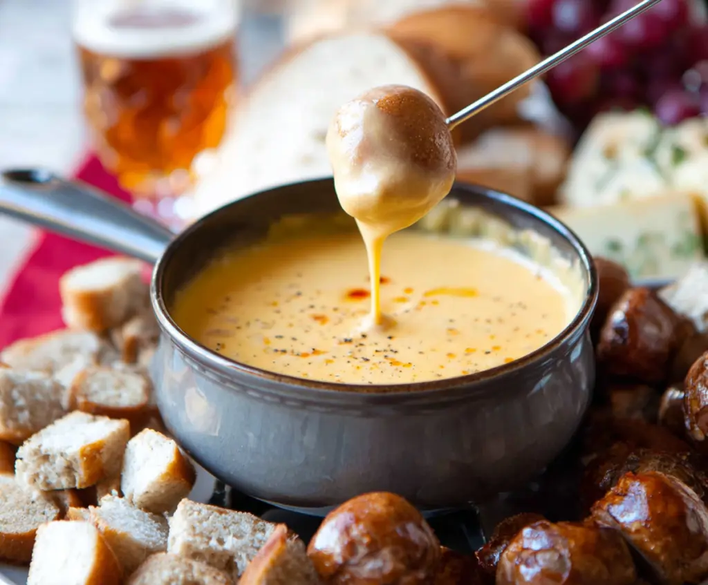 Creamy Beer Cheese Fondue served with fresh bread and vegetables for dipping.