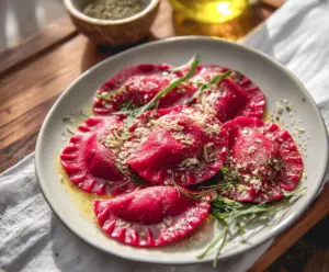 Delicious homemade beet ravioli with vibrant red color and fresh ingredients