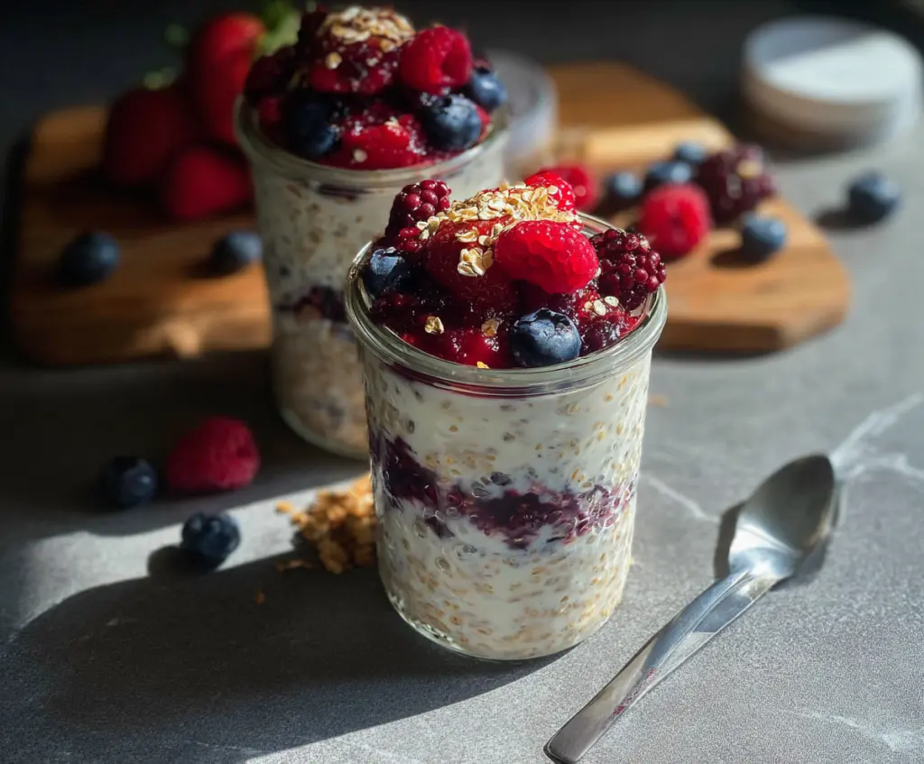 Delicious berries and creamy overnight oats in a glass jar, perfect for a healthy breakfast.