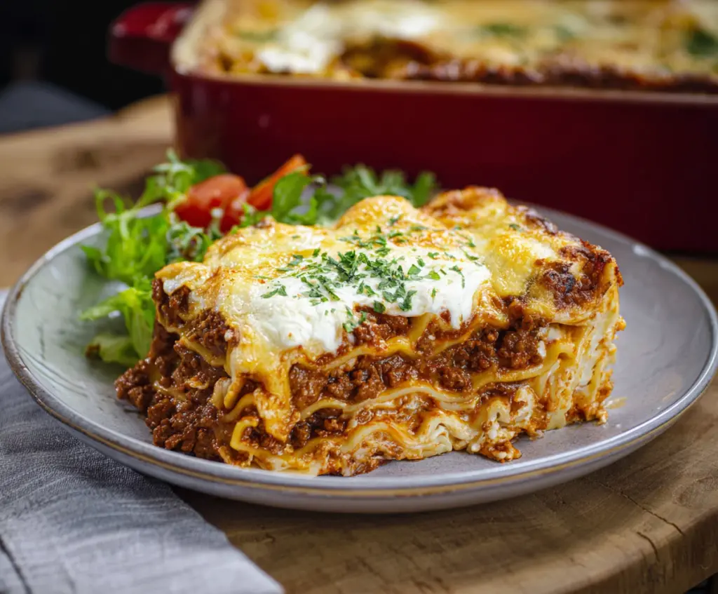 Delicious homemade Bison Lasagna with layers of cheese and savory bison meat.