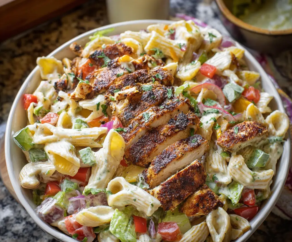 Delicious blackened chicken pasta salad with fresh vegetables and herbs, perfect for a summer meal
