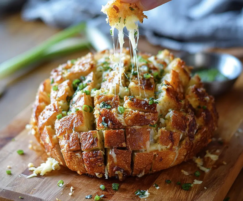 Delicious Bloomin Onion Parmesan Bread served on a plate, showing crispy golden crust and melted cheese.