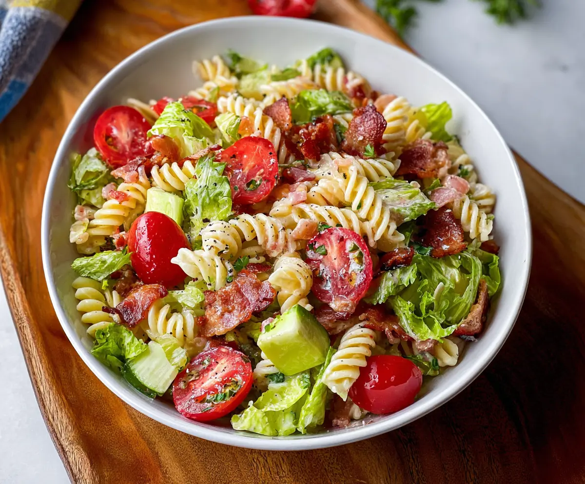Delicious BLT Pasta Salad with crispy bacon, fresh lettuce, and tender pasta for a flavorful summer dish.