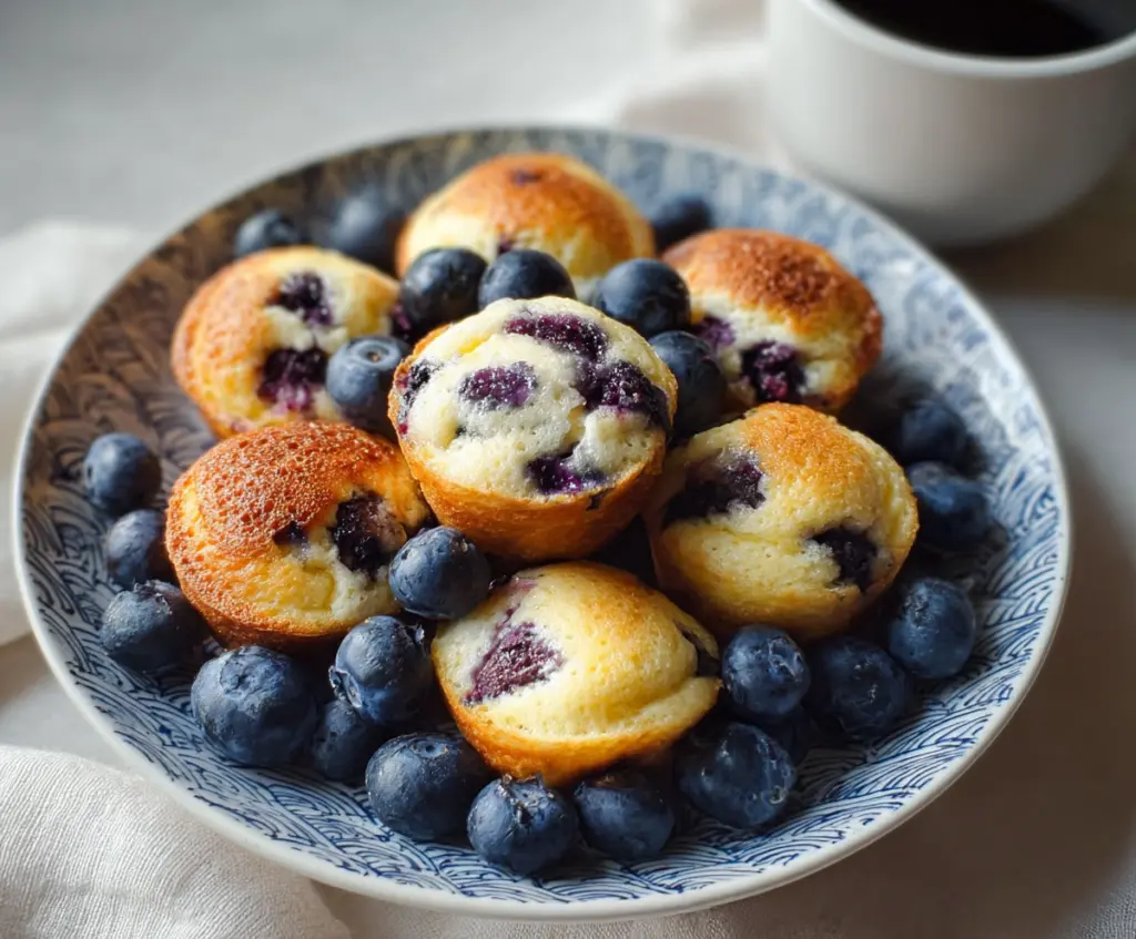 Delicious blueberry cottage cheese pancake bites served on a plate, perfect for breakfast or snack.