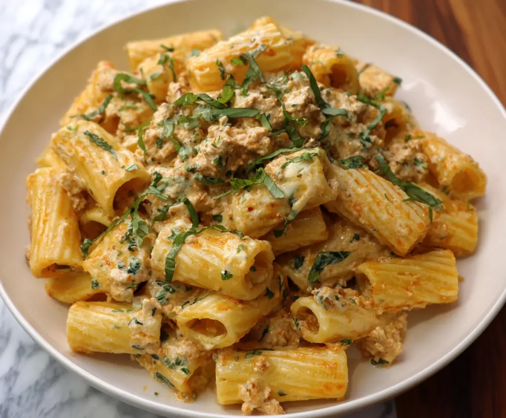 Creamy Boursin cheese rigatoni pasta dish garnished with herbs