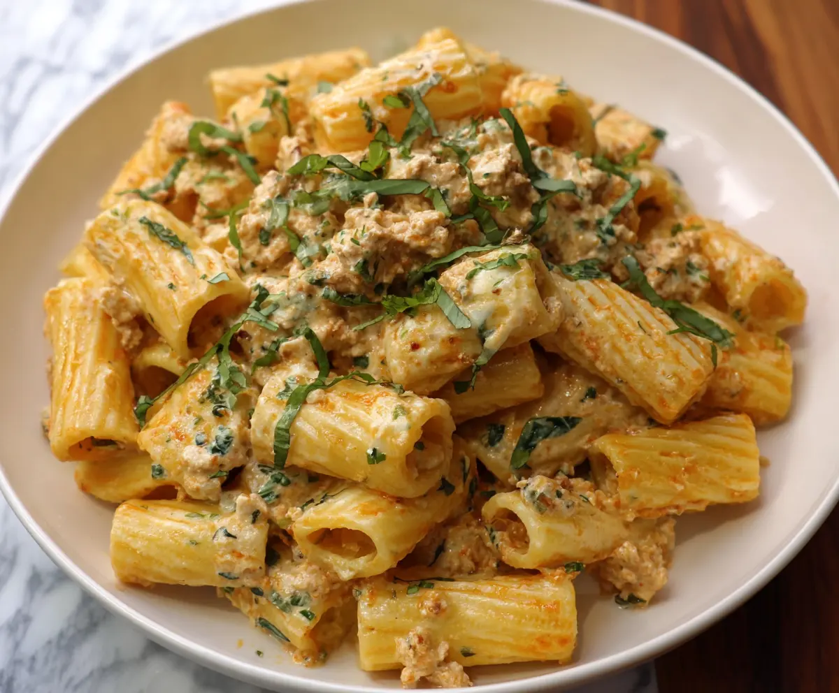 Creamy Boursin cheese rigatoni pasta dish garnished with herbs