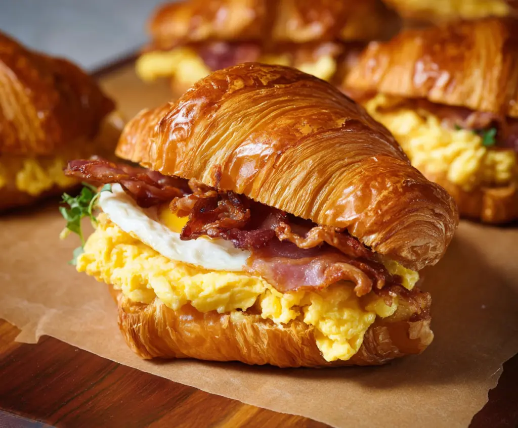 Delicious breakfast croissant sandwich with eggs, cheese, and ham served on a plate.