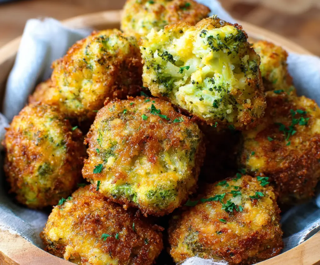 Delicious broccoli cheddar poppers in a white bowl, perfect for appetizers and snacks.