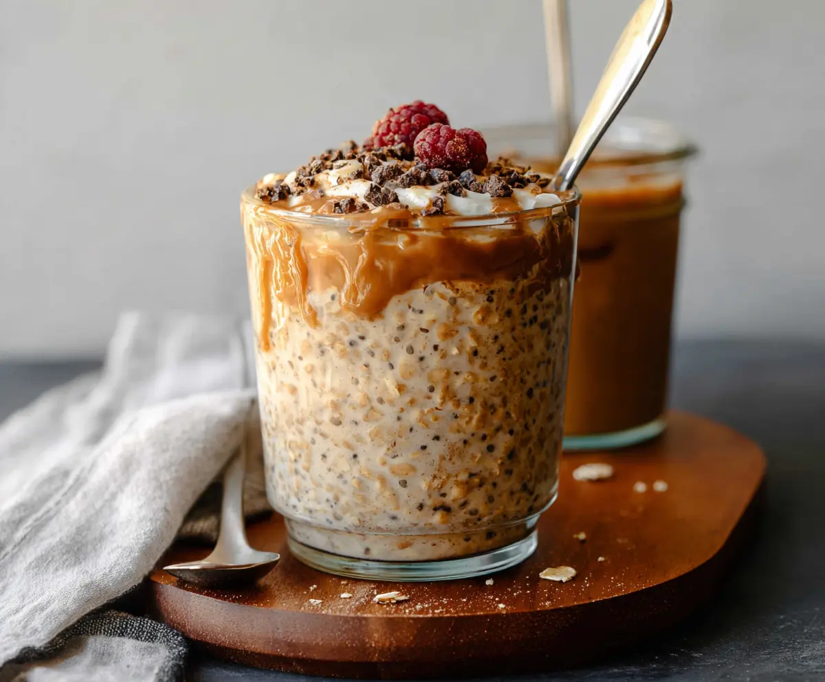 Creamy brown sugar espresso overnight oats served in a glass jar, topped with fresh berries and a drizzle of honey.