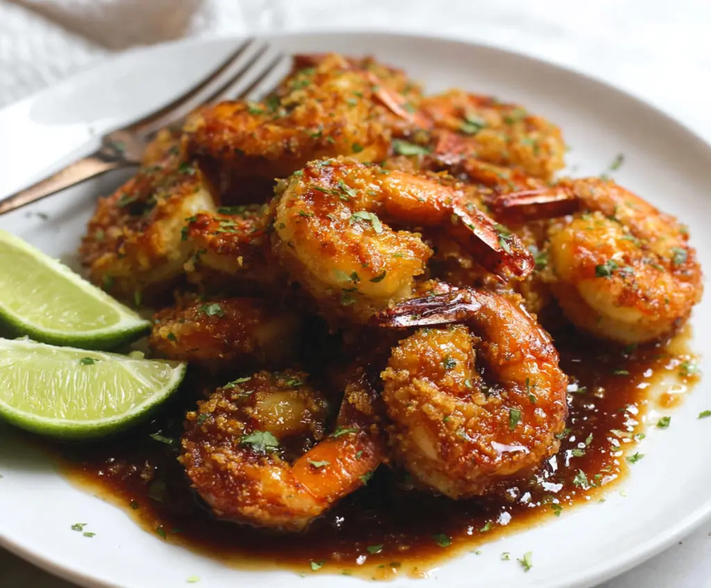 Delicious baked shrimp coated in brown sugar and lime, garnished with fresh herbs on a white plate.