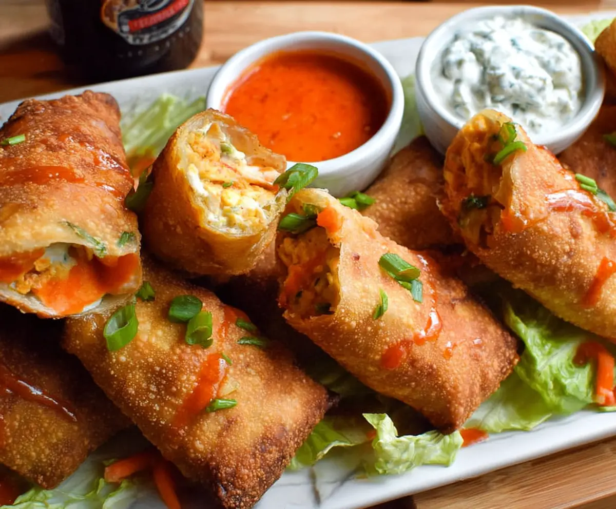 Crispy buffalo chicken egg rolls with spicy dipping sauce on a white plate.