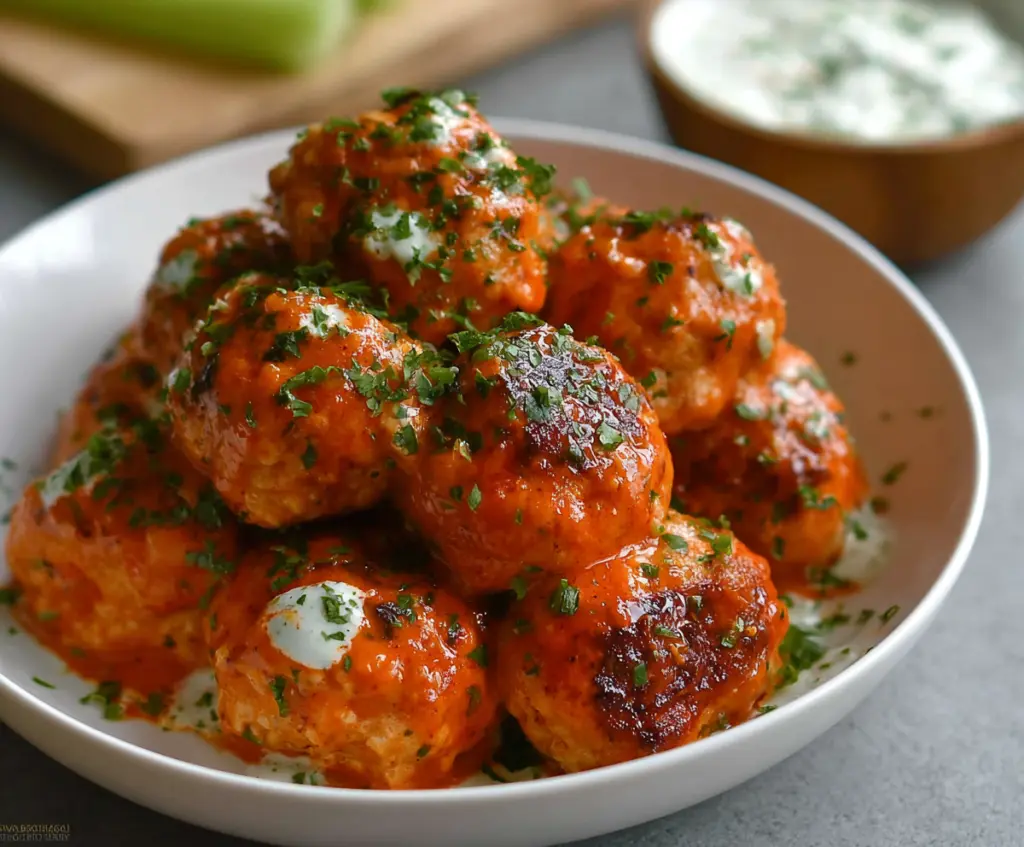 Delicious Buffalo Chicken Meatballs served with a side of celery and blue cheese dip