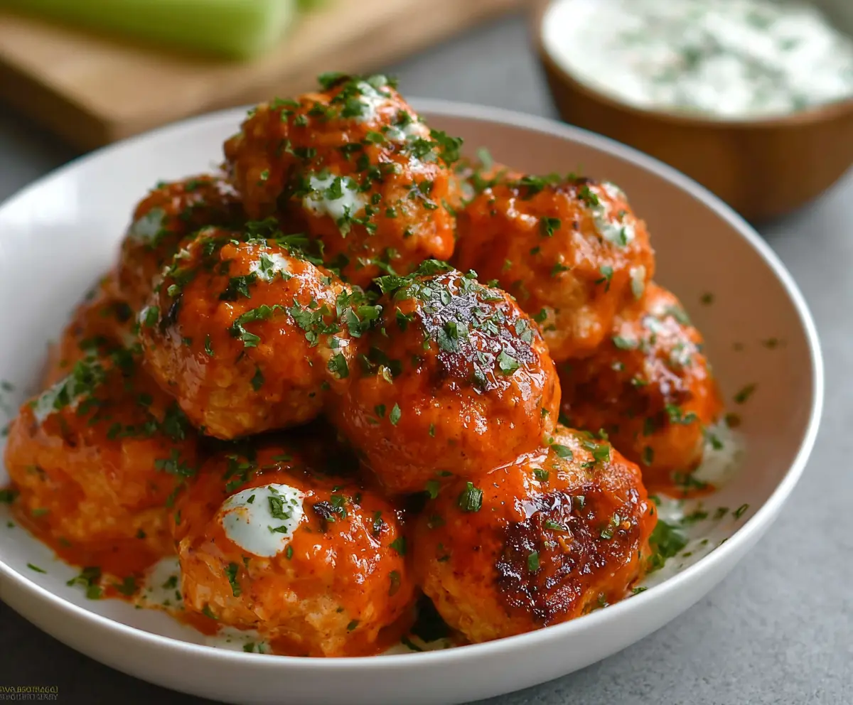 Delicious Buffalo Chicken Meatballs served with a side of celery and blue cheese dip