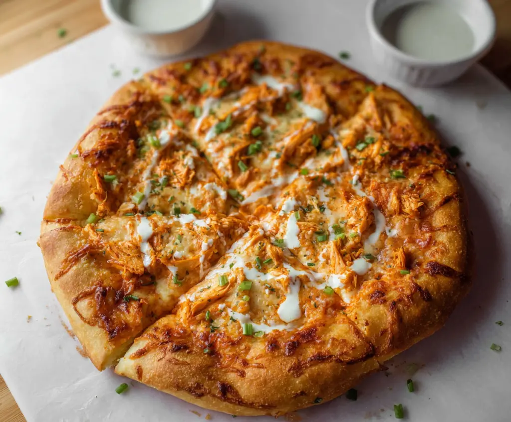 Delicious buffalo chicken pizza topped with melted cheese and spicy buffalo sauce.