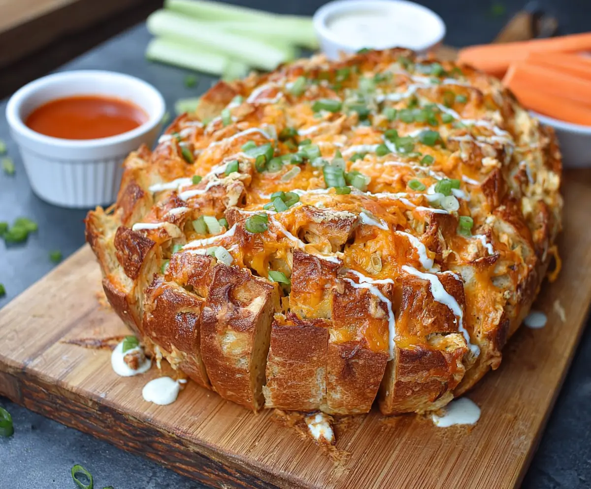Delicious Buffalo Chicken Pull Apart Bread with melted cheese and spicy buffalo sauce.