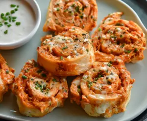 Delicious Buffalo Chicken Ranch Pinwheels sliced and arranged on a plate, showcasing their crispy outside and creamy filling.