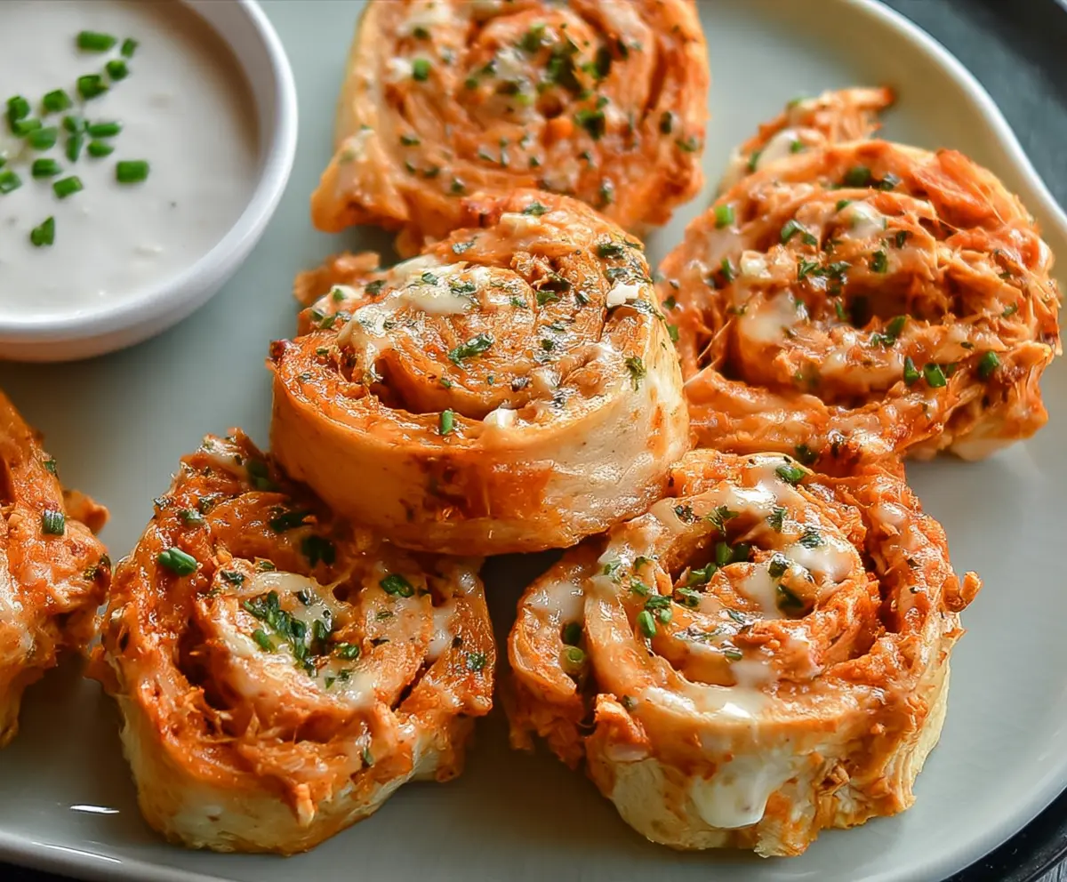 Delicious Buffalo Chicken Ranch Pinwheels sliced and arranged on a plate, showcasing their crispy outside and creamy filling.