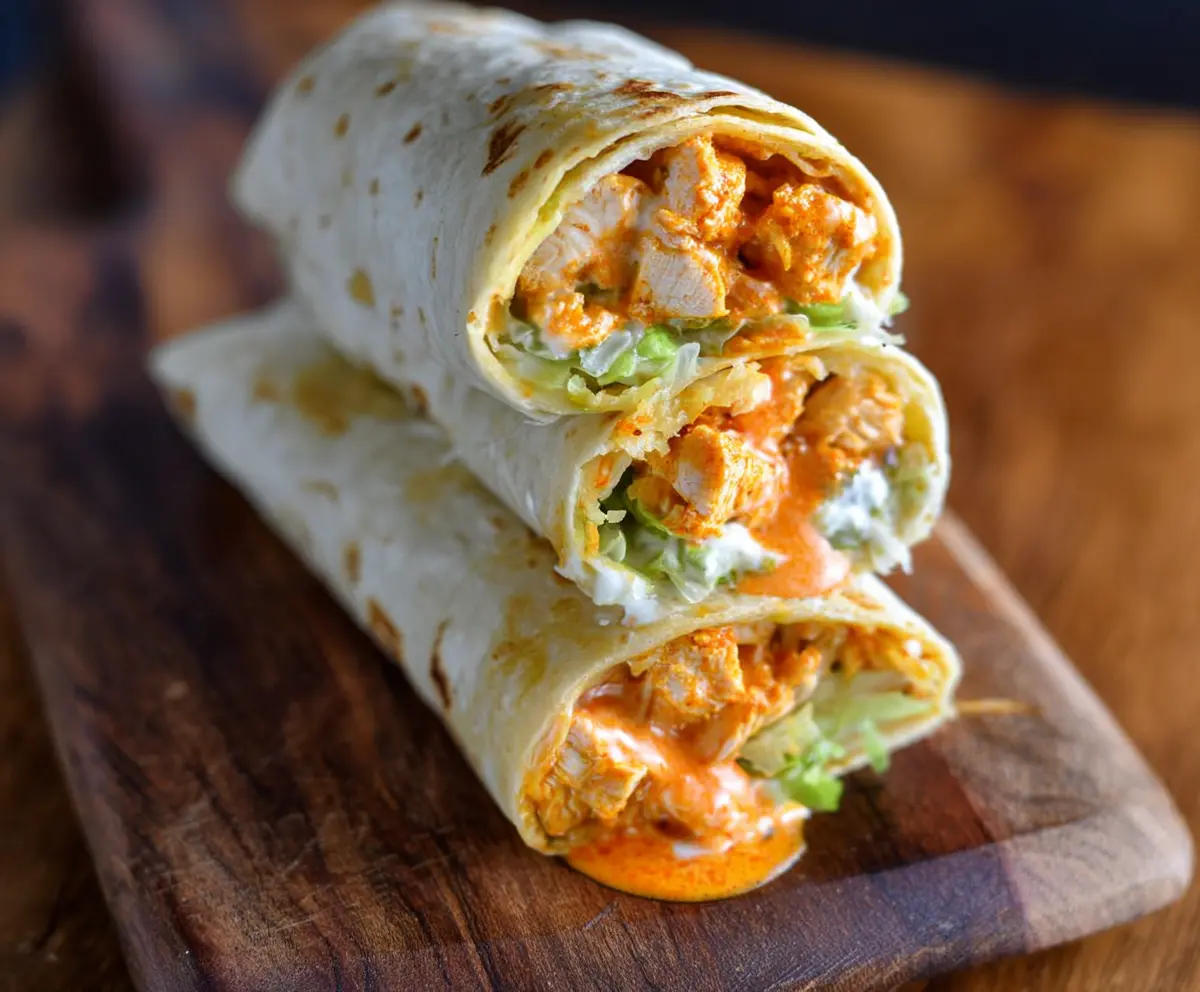 Buffalo Chicken Wrap with crispy chicken, fresh vegetables, and spicy buffalo sauce in a soft tortilla
