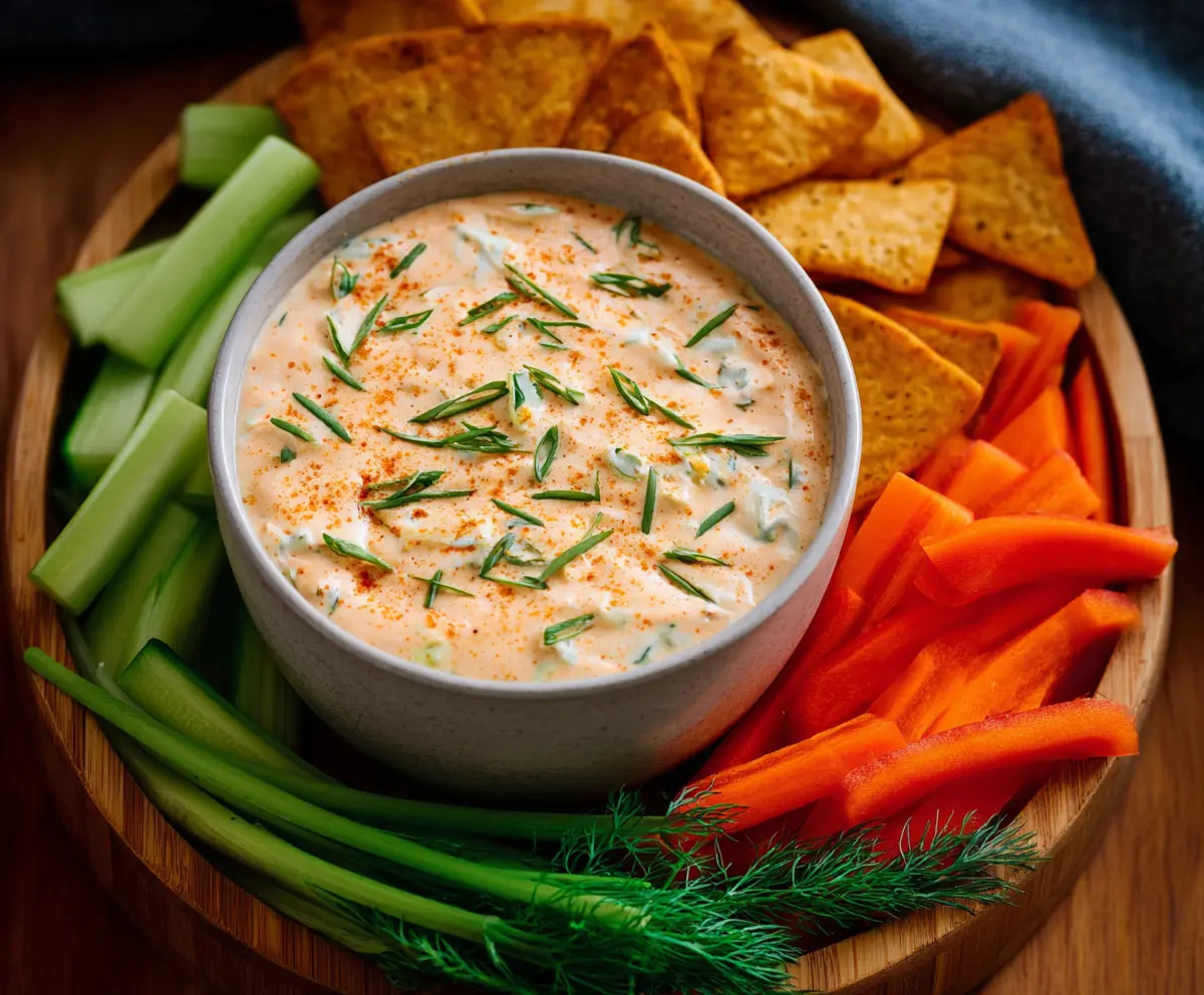 Creamy Buffalo Ranch Dip served with fresh vegetables for a tasty snack.