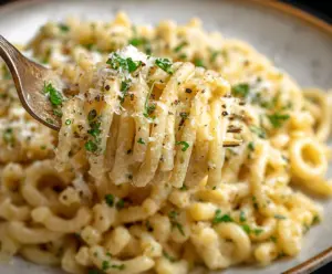 Creamy butter Parmesan pasta served in a bowl, garnished with fresh herbs.