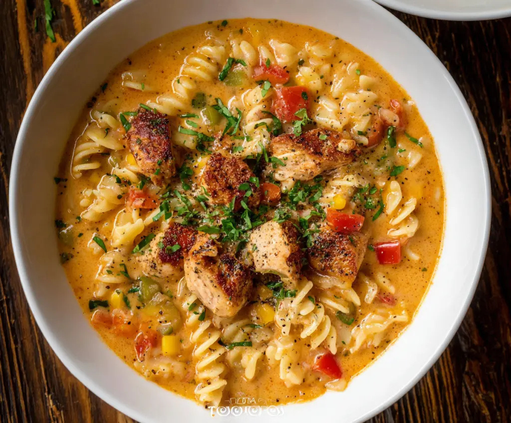 Delicious Cajun Chicken Soup Pasta with creamy sauce and spicy seasonings on a rustic plate.