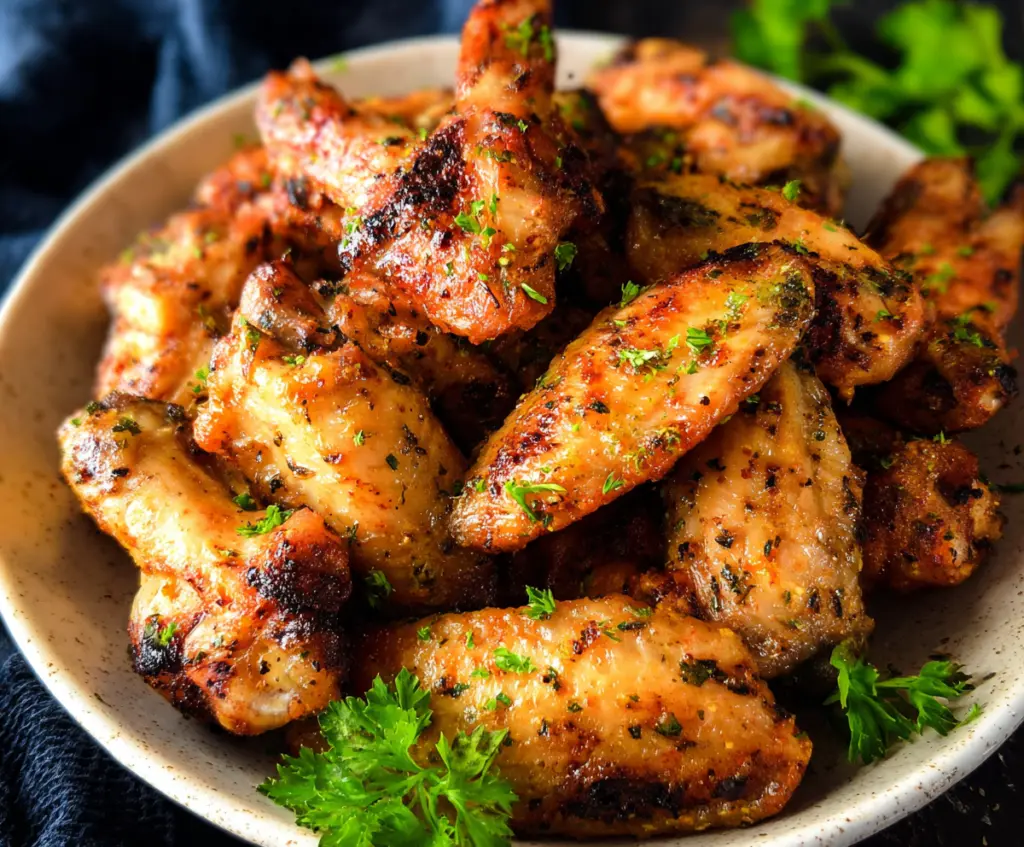 Delicious Cajun Garlic Chicken Wings with crispy exterior and flavorful seasoning, served on a platter.
