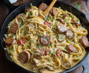 Delicious Cajun Smoked Sausage Alfredo Pasta served on a white plate, showcasing creamy sauce and flavorful sausage slices.
