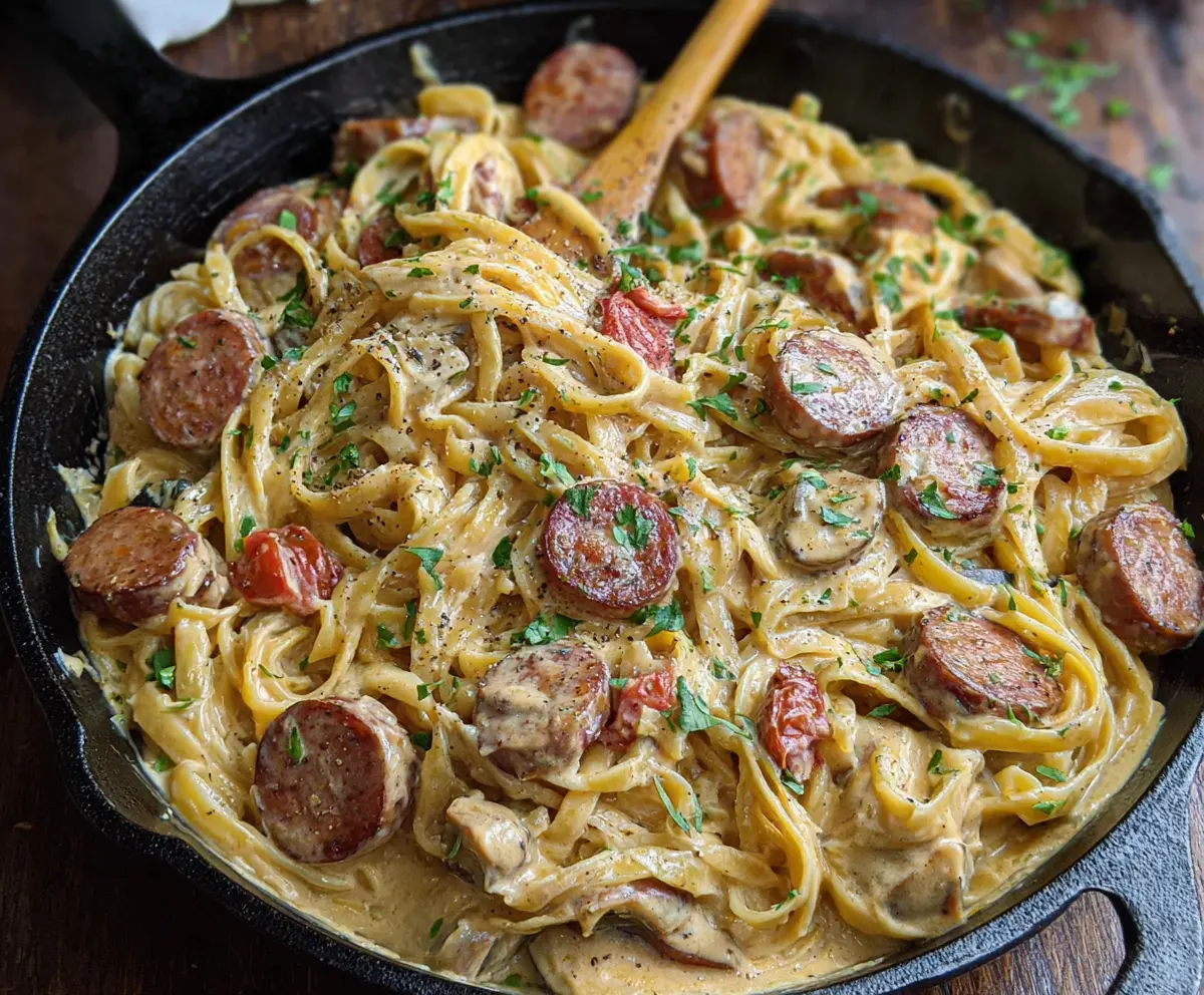 Delicious Cajun Smoked Sausage Alfredo Pasta served on a white plate, showcasing creamy sauce and flavorful sausage slices.