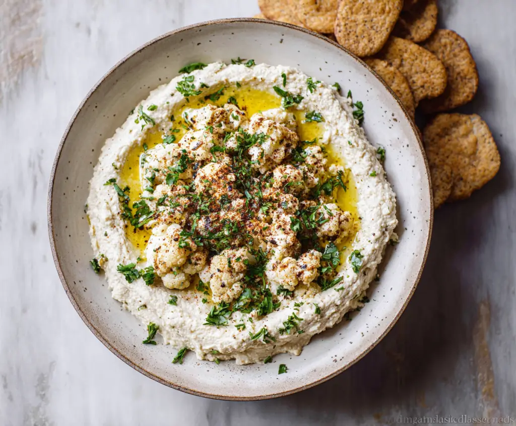 Creamy cauliflower hummus served with fresh vegetables and pita bread, perfect for a healthy snack.