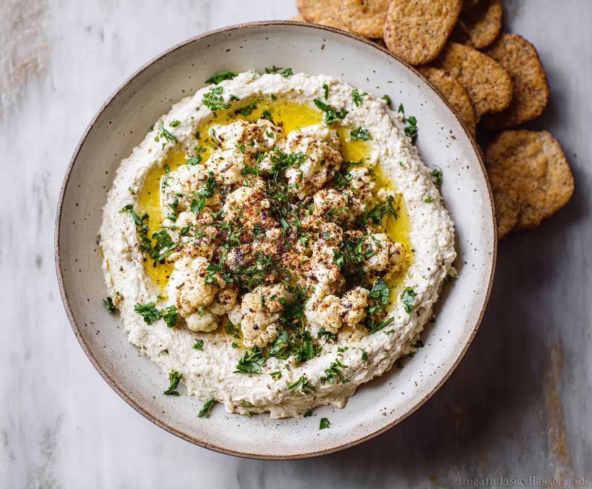Creamy cauliflower hummus served with fresh vegetables and pita bread, perfect for a healthy snack.