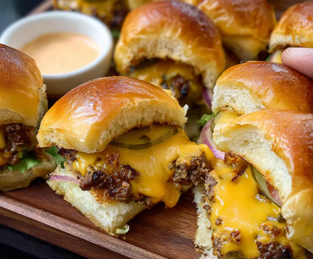 Delicious cheeseburger sliders with melted cheese, fresh lettuce, and savory beef patties on a serving plate.