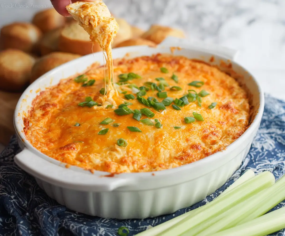 Delicious cheesy buffalo chicken dip served with crispy tortilla chips, perfect for parties and gatherings.