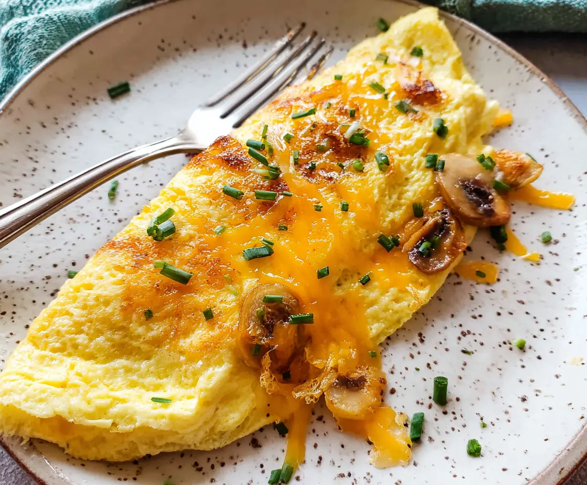 Delicious cheesy omelet with melted cheese and fluffy eggs on a white plate.