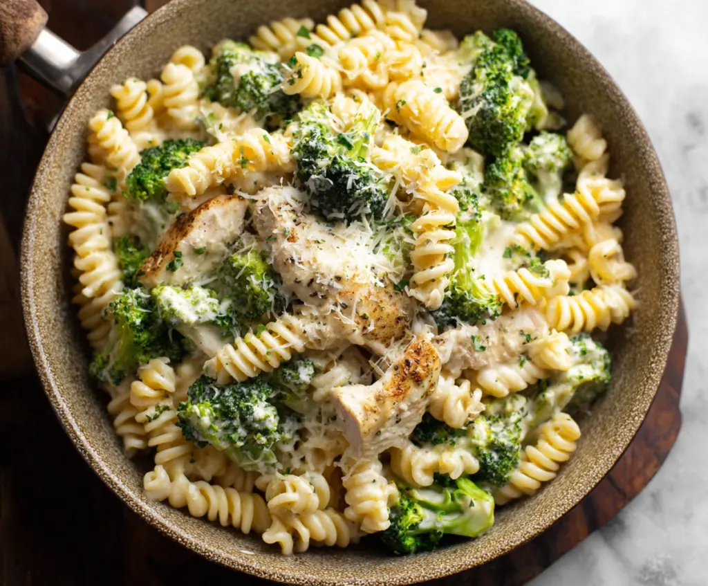 Delicious chicken and broccoli pasta dish served on a plate, highlighting a flavorful combination of lean chicken, fresh broccoli, and pasta.