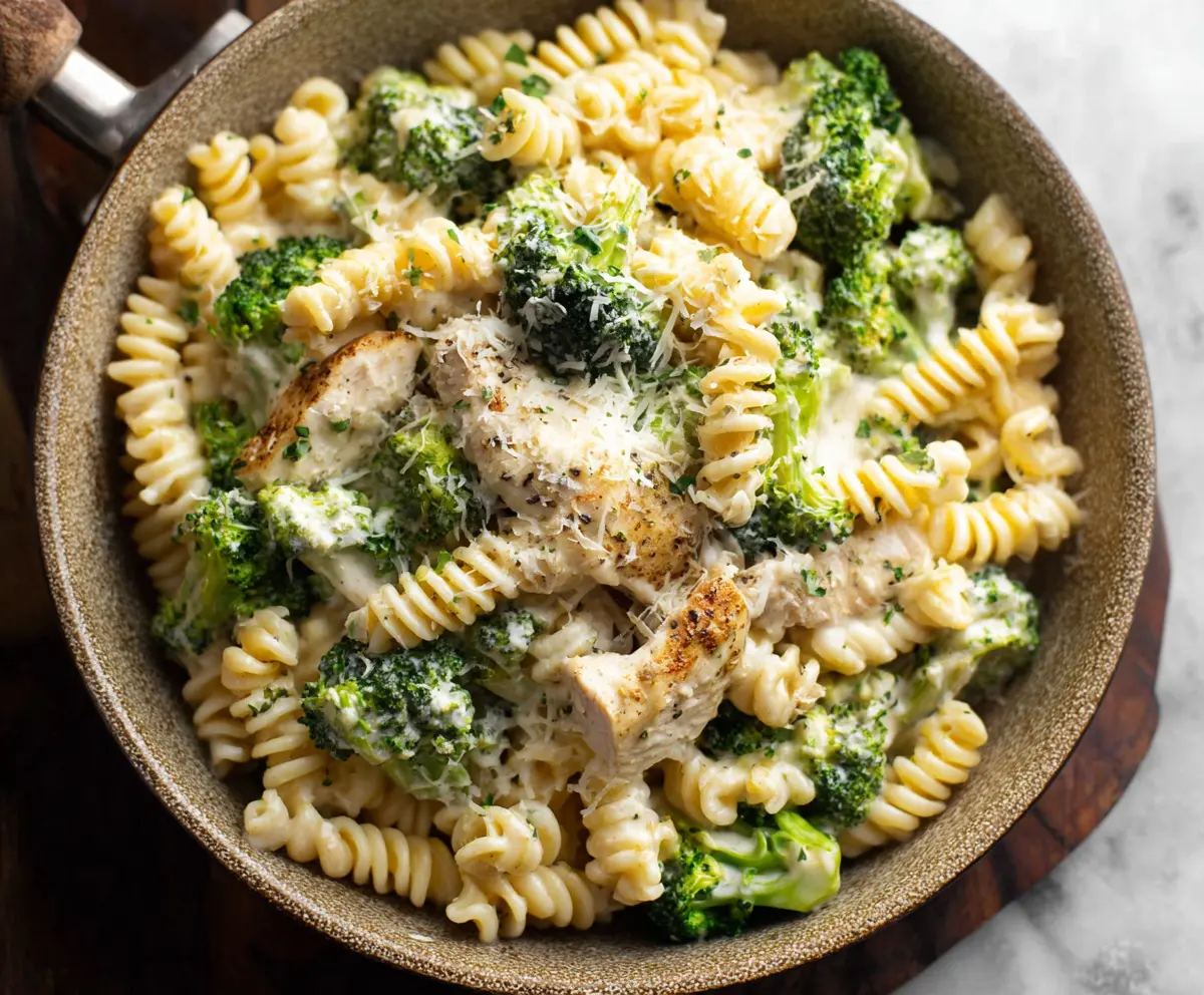 Delicious chicken and broccoli pasta dish served on a plate, highlighting a flavorful combination of lean chicken, fresh broccoli, and pasta.